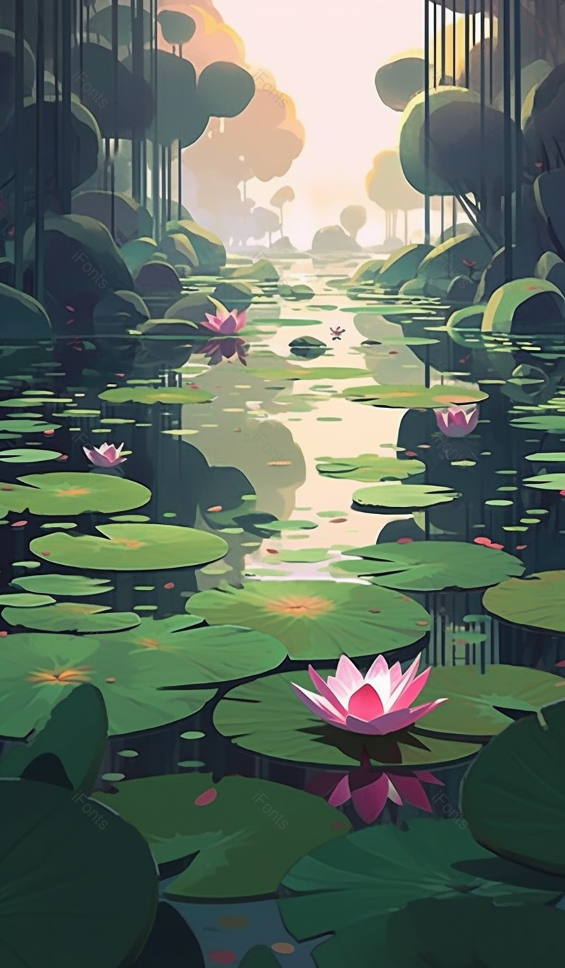 绿色连天荷叶荷花倒影清新插画,插画/手绘图,插画/手绘图库,插画/手绘图下载,插画/手绘